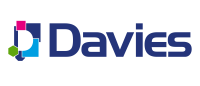 A navy blue logo for Davies with some coloured blocks on the left.