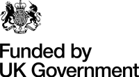 A logo reads "Funded by UK Government" in black, topped with a lion, unicorn, crown, and Latin text.