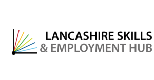A logo features "Lancashire Skills & Employment Hub" in black and grey, with a black book and colourful pages.